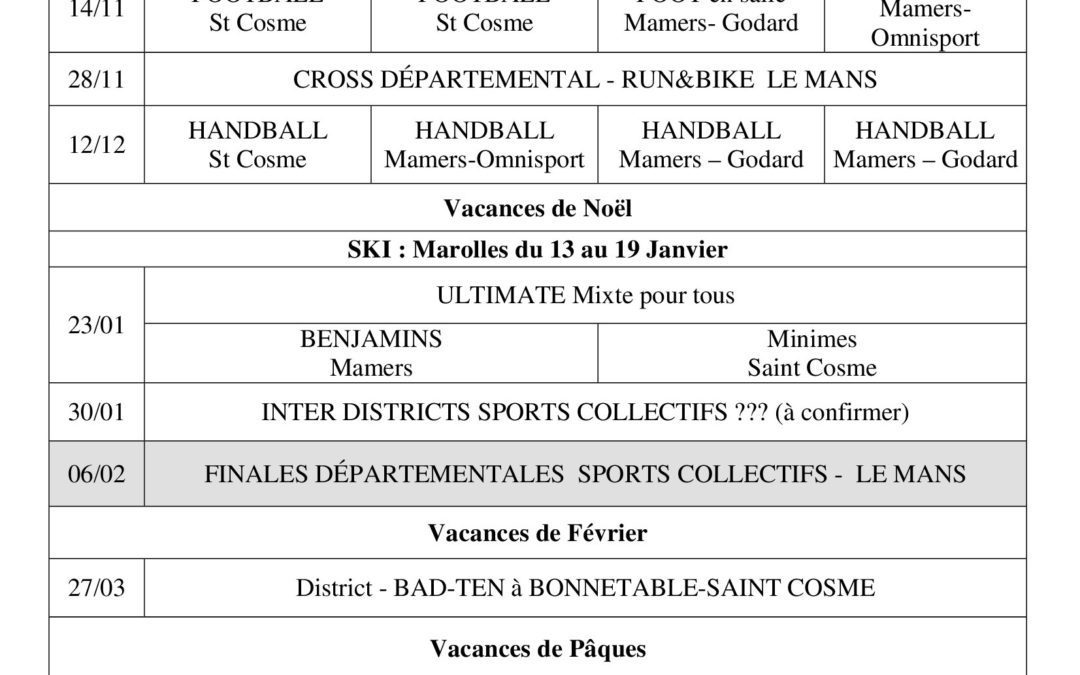 Calendrier de l’UNSS