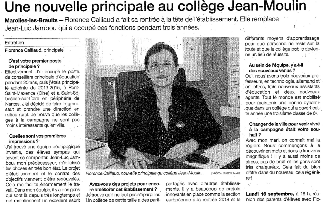 Une nouvelle principale au collège Jean Moulin – Ouest-France du 5/09/2019